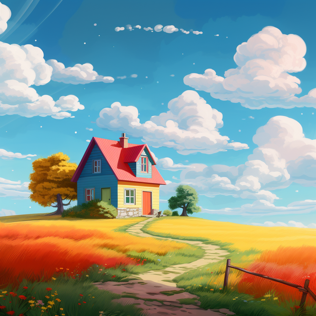 An image of a homestanding in a sunny field with vibrant colors and a clear sky, represents the idea of finding joy and positivity in nature and simple things