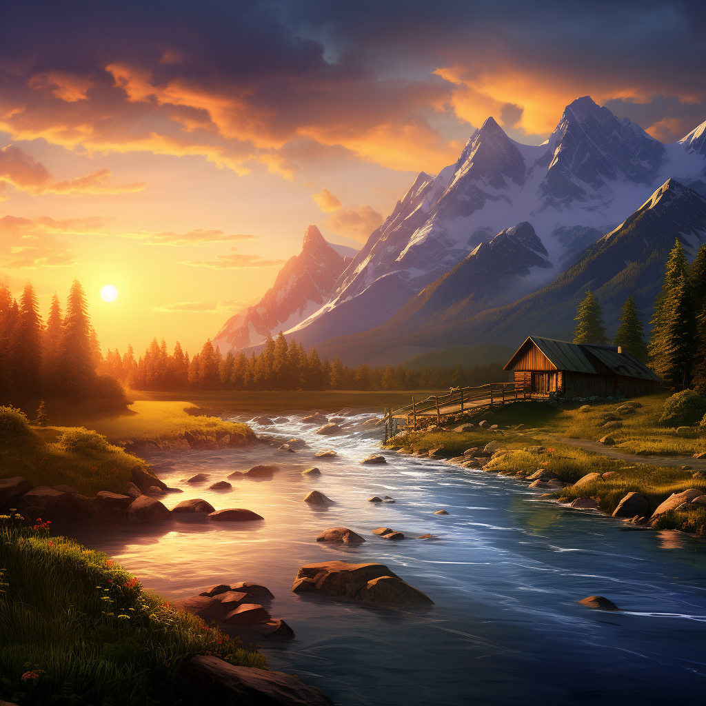 a nature wallpaper intersect the river between home and mountain the sun is close to sunset image should be 