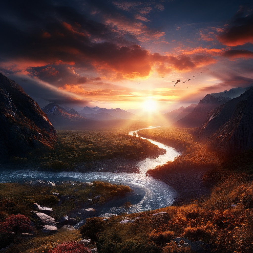 a nature wallpaper intersect the river between home and mountain the sun is close to sunset image should be 4k ultra hd
